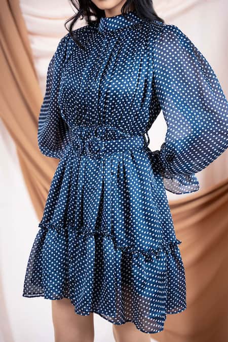 Saangi_Blue Chiffon High Neck Printed Gathered Dress_Online_at_Aza_Fashions
