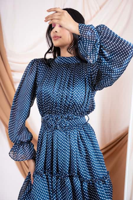 Buy_Saangi_Blue Chiffon High Neck Printed Gathered Dress_Online_at_Aza_Fashions