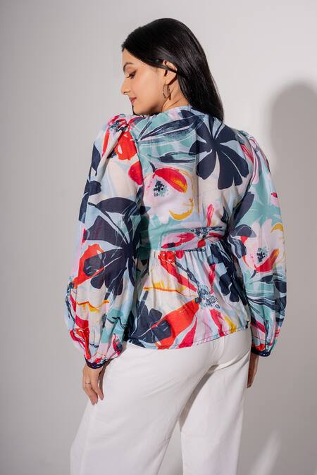 Shop Saangi Multi Color Cotton Embroidery Round Neck Floral Print Top at Aza Fashions Shop_Saangi_Multi Color Cotton Embroidery Round Neck Floral Print Top_at_Aza_Fashions