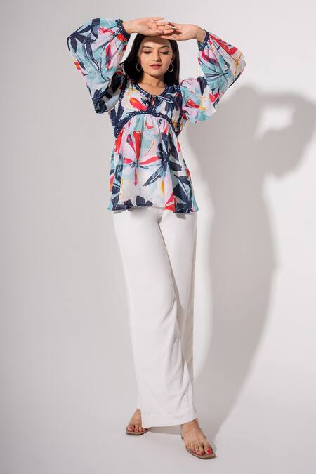 Saangi Multi Color Cotton Embroidery Round Neck Floral Print Top Online at Aza Fashions Saangi_Multi Color Cotton Embroidery Round Neck Floral Print Top_Online_at_Aza_Fashions