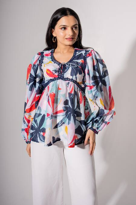 Buy Saangi Multi Color Cotton Embroidery Round Neck Floral Print Top Online at Aza Fashions Buy_Saangi_Multi Color Cotton Embroidery Round Neck Floral Print Top_Online_at_Aza_Fashions