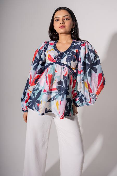 Shop Saangi Multi Color Cotton Embroidery Round Neck Floral Print Top Online at Aza Fashions Shop_Saangi_Multi Color Cotton Embroidery Round Neck Floral Print Top_Online_at_Aza_Fashions
