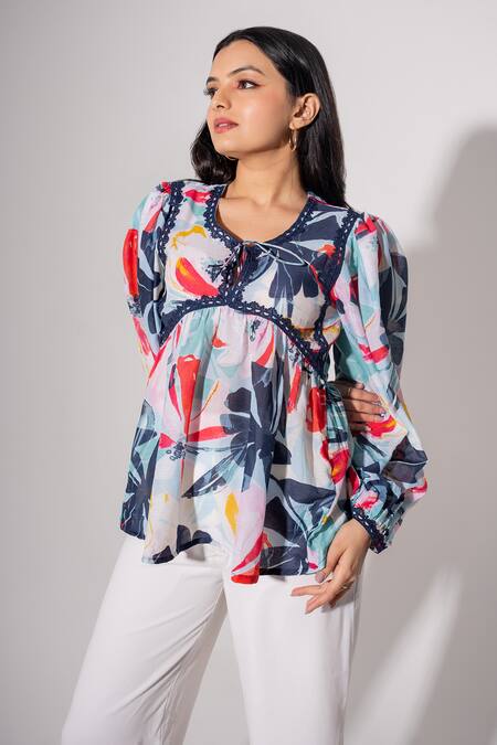 Saangi Multi Color Cotton Embroidery Round Neck Floral Print Top at Aza Fashions Saangi_Multi Color Cotton Embroidery Round Neck Floral Print Top_at_Aza_Fashions