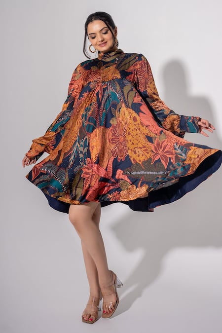 saangi by shubhangi Multi Color Modal Satin Printed Tiger High Neck Flared Dress 
