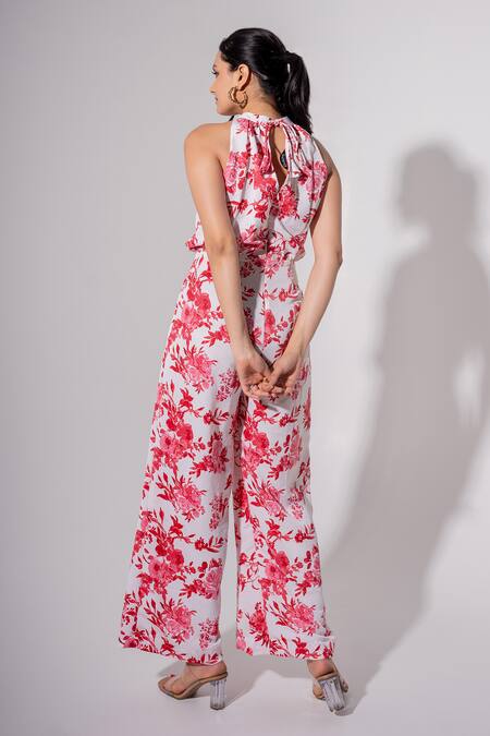 Shop Saangi White Polyester Halter Neck Floral Print Jumpsuit at Aza Fashions Shop_Saangi_White Polyester Halter Neck Floral Print Jumpsuit_at_Aza_Fashions