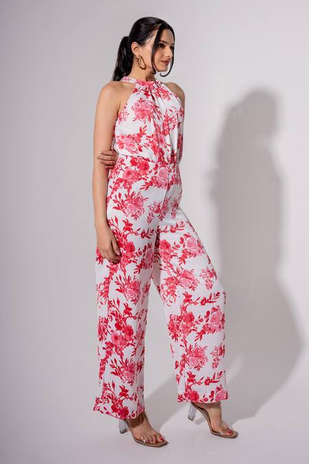 Saangi White Polyester Halter Neck Floral Print Jumpsuit Online at Aza Fashions Saangi_White Polyester Halter Neck Floral Print Jumpsuit_Online_at_Aza_Fashions