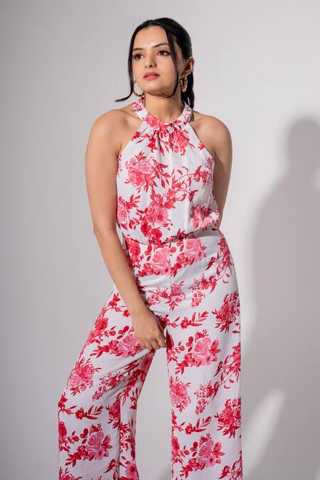 Buy Saangi White Polyester Halter Neck Floral Print Jumpsuit Online at Aza Fashions Buy_Saangi_White Polyester Halter Neck Floral Print Jumpsuit_Online_at_Aza_Fashions