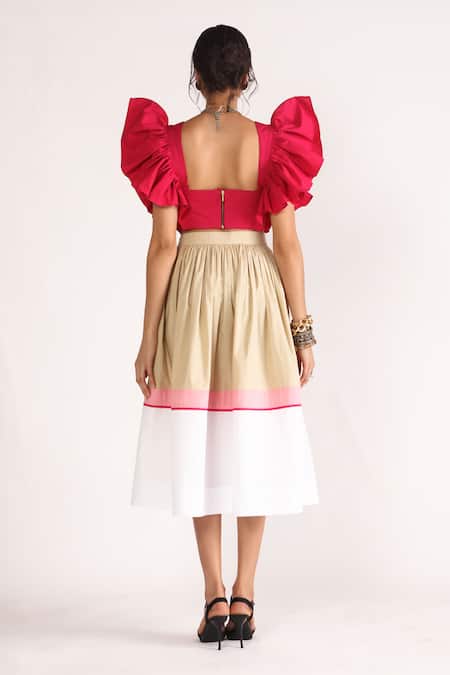 Shop_House Of Three_Pink Poplin Sweetheart Neck Ceres Ruffled Crop Top _at_Aza_Fashions