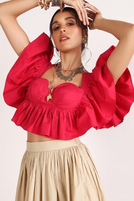 Buy_House Of Three_Pink Poplin Sweetheart Neck Ceres Ruffled Crop Top _Online_at_Aza_Fashions