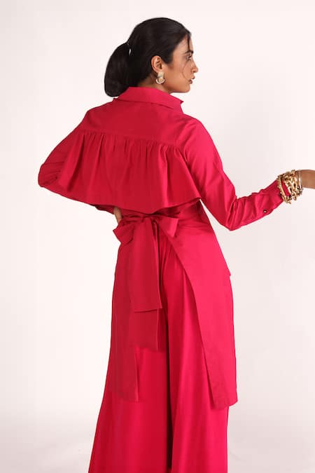 Shop_House Of Three_Pink Poplin Collared Ida High-low Panelled Shirt _at_Aza_Fashions