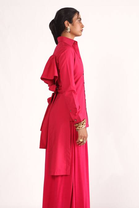House Of Three_Pink Poplin Collared Ida High-low Panelled Shirt _Online_at_Aza_Fashions