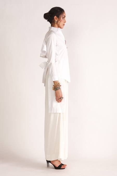 House Of Three_White Poplin Collared Ida Panelled High-low Shirt _Online_at_Aza_Fashions