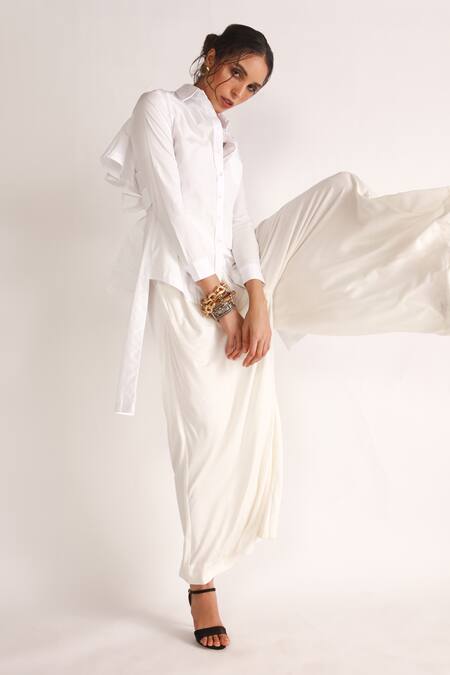 Buy_House Of Three_White Poplin Collared Ida Panelled High-low Shirt _Online_at_Aza_Fashions
