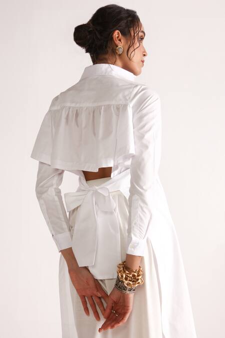 Shop_House Of Three_White Poplin Collared Ida Panelled High-low Shirt _Online_at_Aza_Fashions