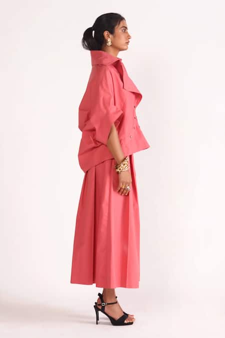 House Of Three_Pink Poplin Collared Alef Drop Shoulder Panelled Shirt _Online_at_Aza_Fashions
