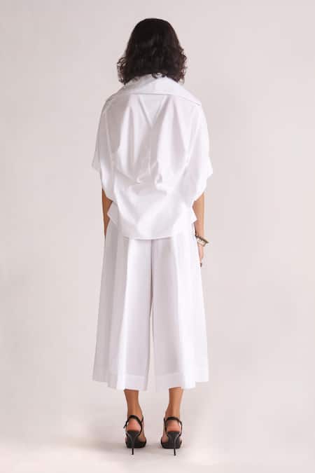 Shop_House Of Three_White Poplin Collared Alef Drop Shoulder Asymmetric Shirt _at_Aza_Fashions