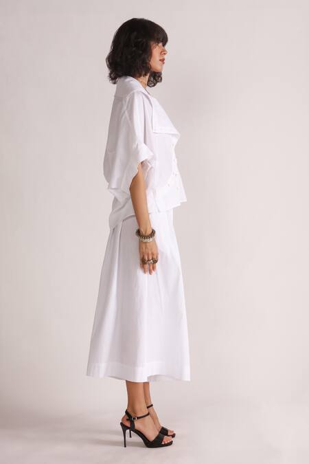 House Of Three_White Poplin Collared Alef Drop Shoulder Asymmetric Shirt _Online_at_Aza_Fashions