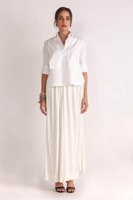 House of Three White Poplin Plain Collar Mana High-low Bib Shirt  