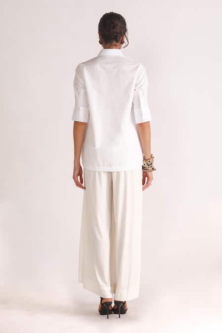Shop_House Of Three_White Poplin Collared Mana High-low Bib Shirt _at_Aza_Fashions