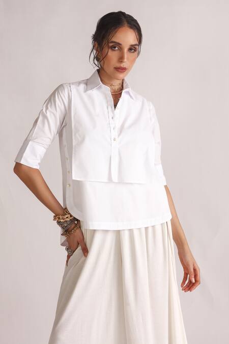 House Of Three_White Poplin Collared Mana High-low Bib Shirt _Online_at_Aza_Fashions