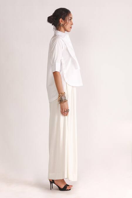 Buy_House Of Three_White Poplin Collared Mana High-low Bib Shirt _Online_at_Aza_Fashions