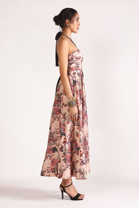 Buy_House Of Three_Multi Color Linen Chains Halter Neck Neri Floral Print Dress _Online_at_Aza_Fashions