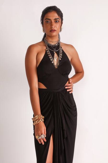 House Of Three_Black Jersey Halter Neck Nurit High Slit Draped Dress _Online_at_Aza_Fashions