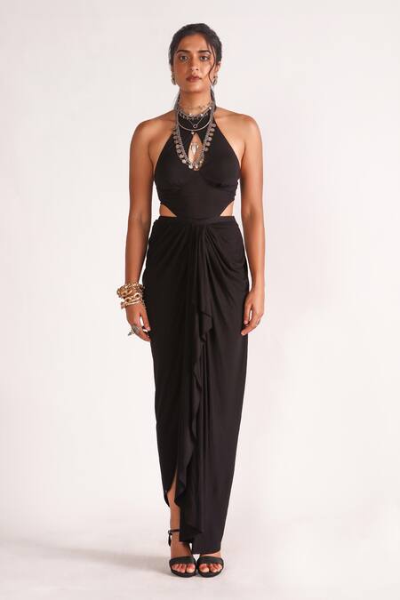 Buy_House Of Three_Black Jersey Halter Neck Nurit High Slit Draped Dress _Online_at_Aza_Fashions