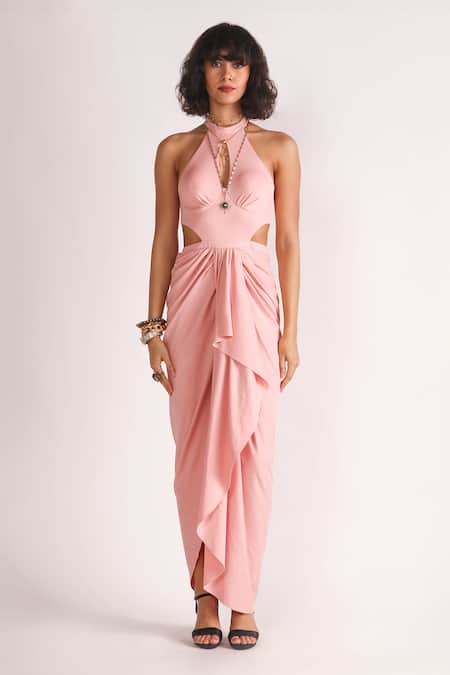 House of Three Nurit High Slit Pleated Draped Dress 