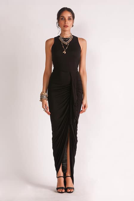 Shop_House Of Three_Black Jersey Crew Neck Moksha High Slit Draped Dress _at_Aza_Fashions
