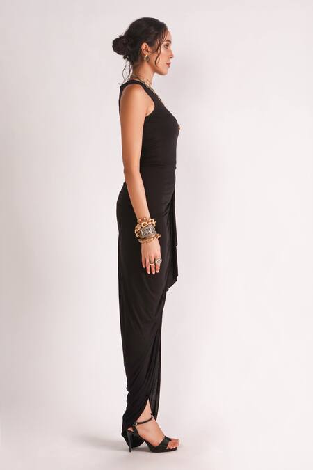 Buy_House Of Three_Black Jersey Crew Neck Moksha High Slit Draped Dress _Online_at_Aza_Fashions