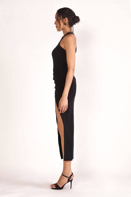House Of Three_Black Jersey Crew Neck Maya High Slit Gathered Dress _Online_at_Aza_Fashions