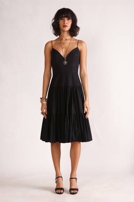 House Of Three_Black Poplin V-neck Dune Tiered Dress _Online_at_Aza_Fashions