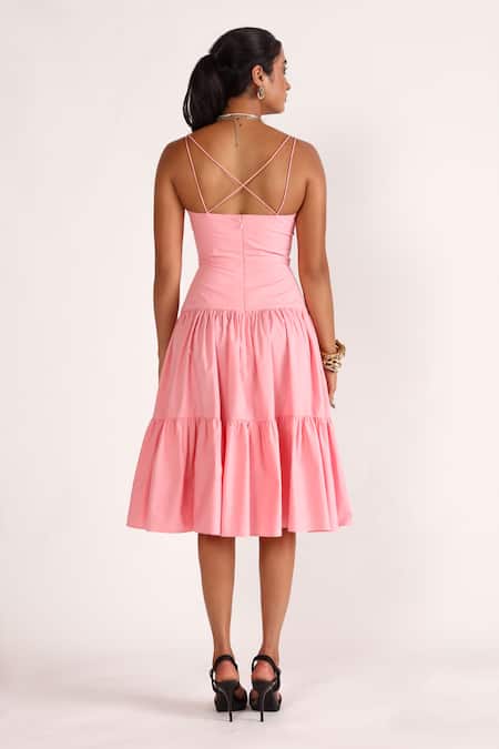 Shop_House Of Three_Pink Cotton, Poplin V-neck Dune Tiered Flared Dress _at_Aza_Fashions
