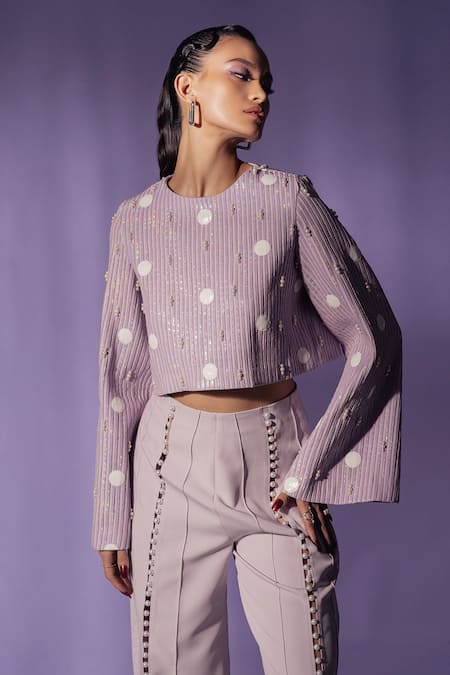 Sameer Madan_Purple Leather Pearls Embellished Princess Seam Trouser _Online_at_Aza_Fashions