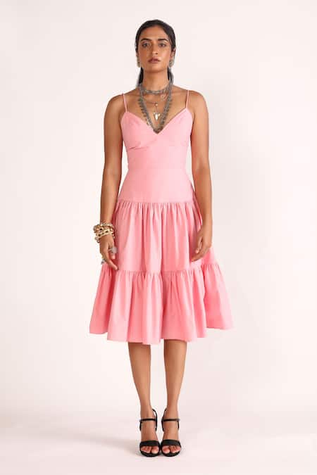 Buy_House Of Three_Pink Cotton, Poplin V-neck Dune Tiered Flared Dress _Online_at_Aza_Fashions