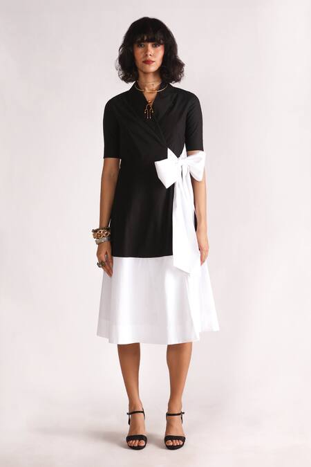 Shop House Of Three Black Poplin Collared Artha Color Block Wrap Dress Online at Aza Fashions Shop_House Of Three_Black Poplin Collared Artha Color Block Wrap Dress _Online_at_Aza_Fashions
