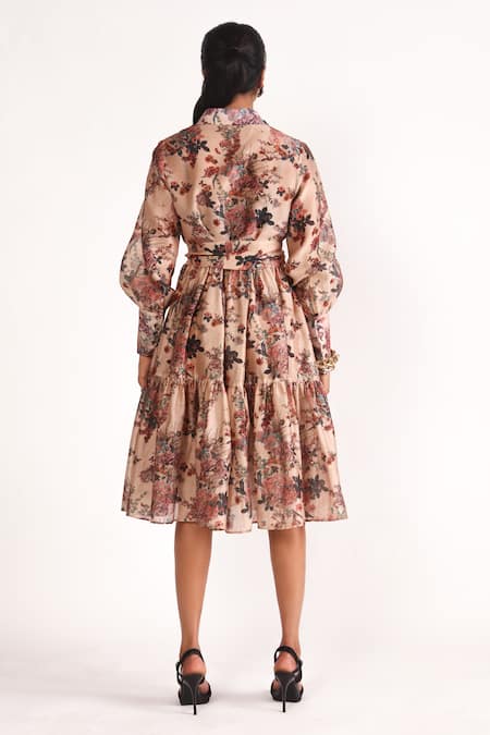Shop_House Of Three_Multi Color Chanderi Collared Luna Floral Print Tiered Dress _at_Aza_Fashions