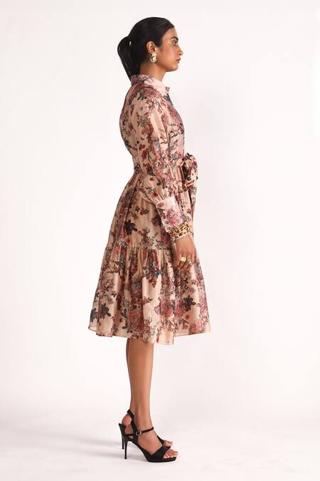 House Of Three_Multi Color Chanderi Collared Luna Floral Print Tiered Dress _Online_at_Aza_Fashions
