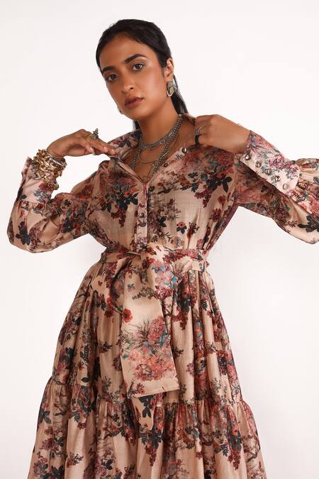 Buy_House Of Three_Multi Color Chanderi Collared Luna Floral Print Tiered Dress _Online_at_Aza_Fashions