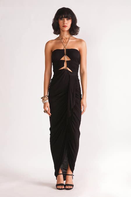 House of Three Titania Halter Chain Neck Draped Dress 