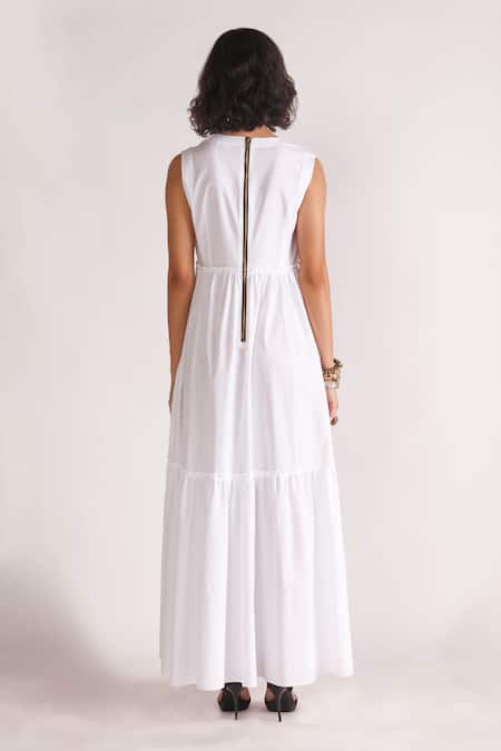 Shop_House Of Three_White Poplin Plunge Neck Audrey Tiered Maxi Dress _at_Aza_Fashions