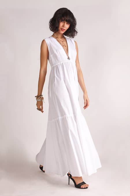 House Of Three_White Poplin Plunge Neck Audrey Tiered Maxi Dress _Online_at_Aza_Fashions