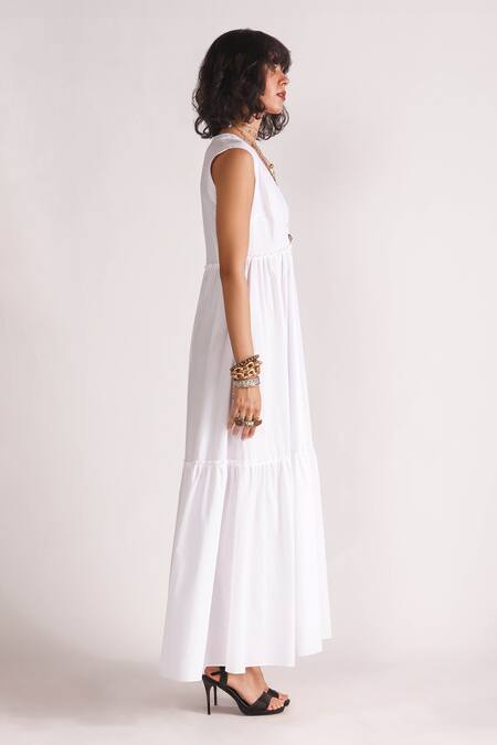 Buy_House Of Three_White Poplin Plunge Neck Audrey Tiered Maxi Dress _Online_at_Aza_Fashions