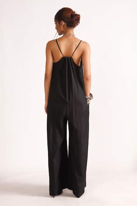 Shop_House Of Three_Blue Poplin Scoop Neck Clara Wide Legged Jumpsuit _at_Aza_Fashions
