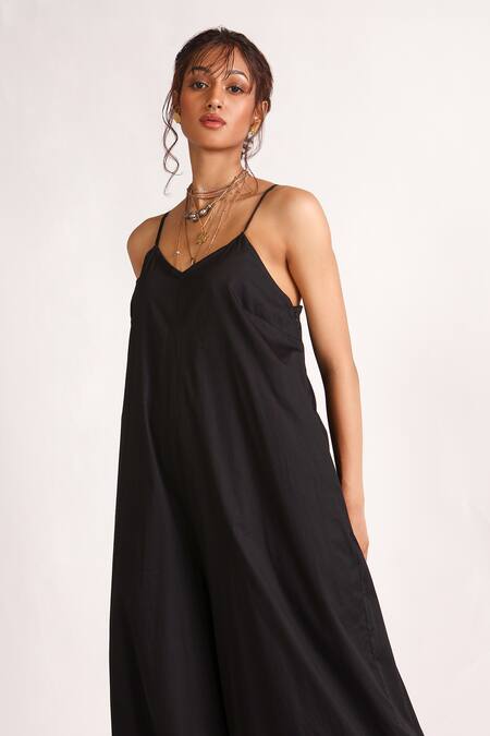 House Of Three_Blue Poplin Scoop Neck Clara Wide Legged Jumpsuit _Online_at_Aza_Fashions