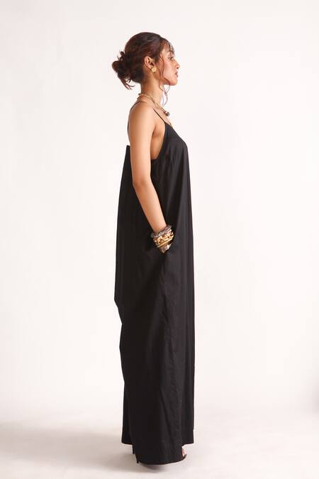 Buy_House Of Three_Blue Poplin Scoop Neck Clara Wide Legged Jumpsuit _Online_at_Aza_Fashions