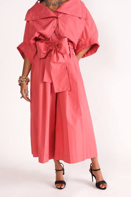 House Of Three_Coral Poplin Hridaya Wide Leg Pleated Pant _Online_at_Aza_Fashions