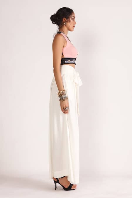 House Of Three_White Jersey Eva Pleated Flared Pant _Online_at_Aza_Fashions