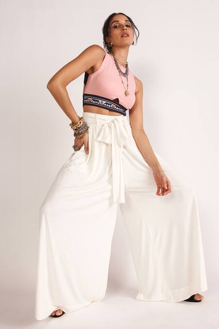 Buy_House Of Three_White Jersey Eva Pleated Flared Pant _Online_at_Aza_Fashions